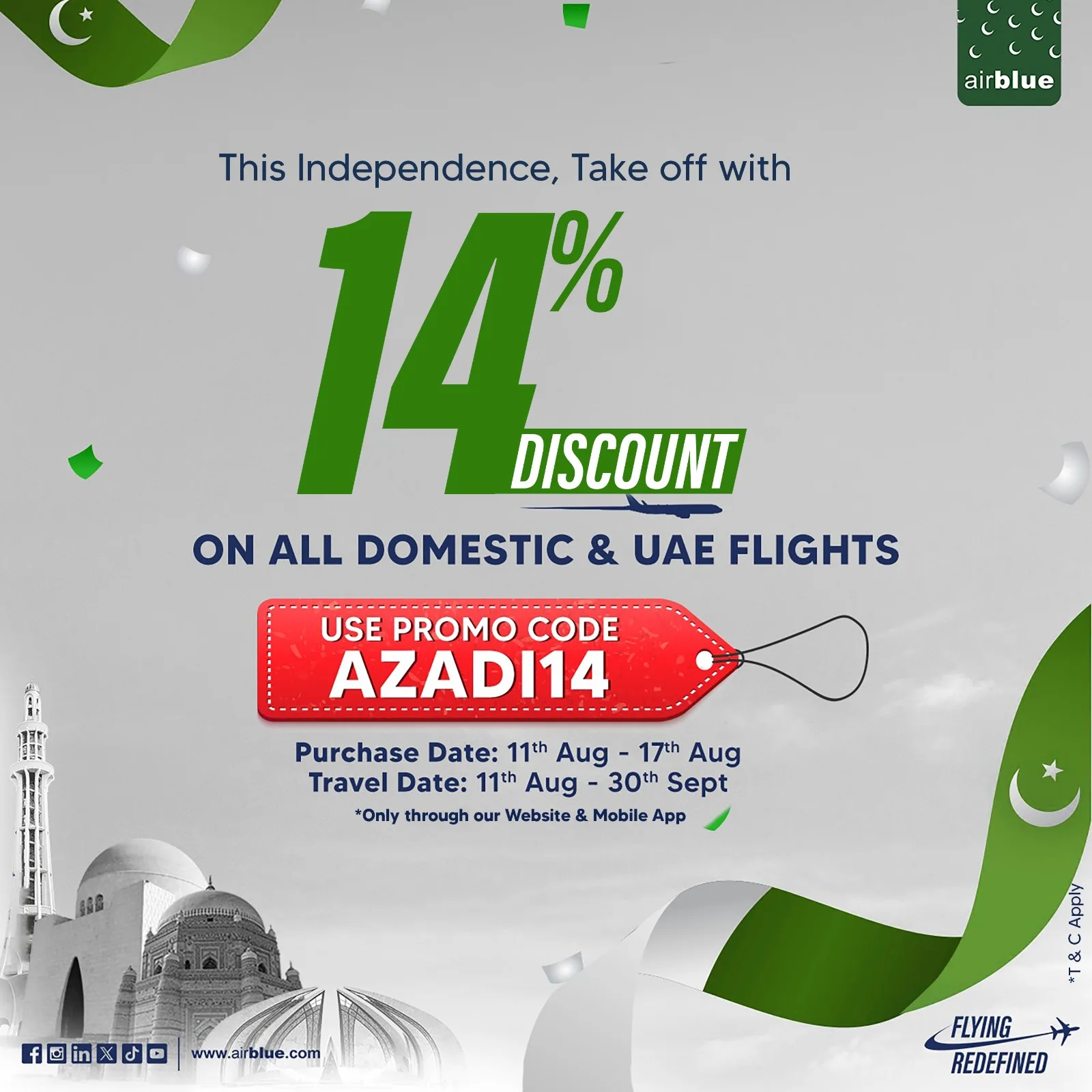 Airblue Announces 14% Discount on Fares in Celebration of Independence Day